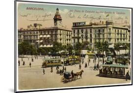 Barcelona: Plaza De Cataluna with People and Traffic-null-Mounted Photographic Print