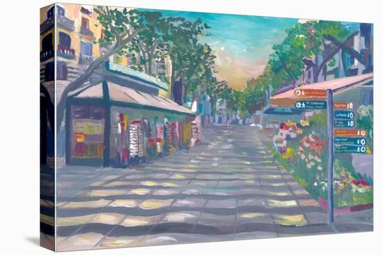 Barcelona Rambla Street Scene With Signpost-M. Bleichner-Stretched Canvas