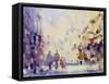 Barcelona Street Scene (W/C on Paper)-Laurence Fish-Framed Stretched Canvas