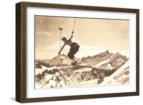 Bare-Chested Airborne Skier-null-Framed Art Print