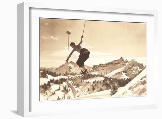 Bare-Chested Airborne Skier-null-Framed Art Print