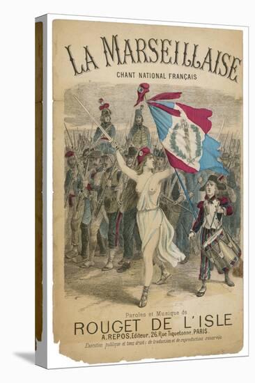 Bare Chested Marianne Raises Her Sword and Rebublican Flag and Leads the French Army-null-Stretched Canvas