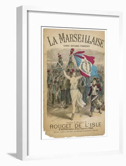 Bare Chested Marianne Raises Her Sword and Rebublican Flag and Leads the French Army-null-Framed Art Print
