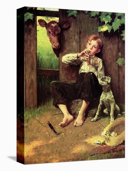 Barefoot Boy Playing Flute-Norman Rockwell-Stretched Canvas