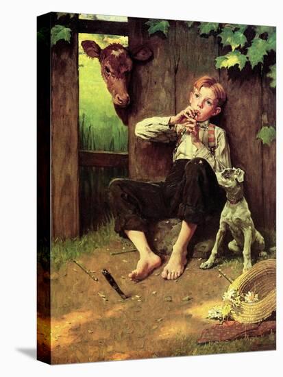 Barefoot Boy Playing Flute-Norman Rockwell-Stretched Canvas