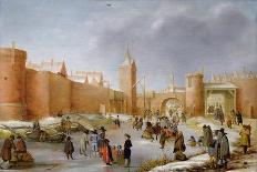 Skaters, Kolf Players, Elegant Ladies and Gentlemen on a Frozen Moat outside City Walls of Kampen-Barent Avercamp-Framed Giclee Print