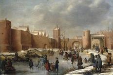 Skaters, Kolf Players, Elegant Ladies and Gentlemen on a Frozen Moat outside City Walls of Kampen-Barent Avercamp-Framed Giclee Print