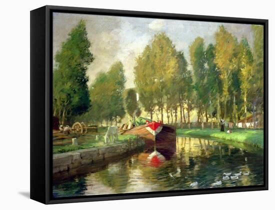 Barge on a River, Normandy-Rupert Charles Wolston Bunny-Framed Stretched Canvas