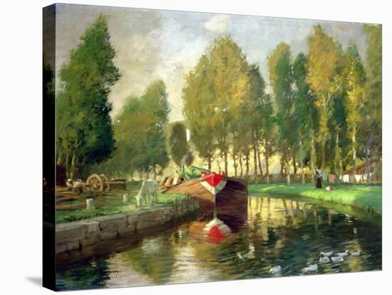 Barge on a River, Normandy-Rupert Charles Wolston Bunny-Stretched Canvas