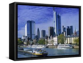 Barge on Water & Skyline, Frankfurt, Germany-Peter Adams-Framed Stretched Canvas