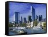 Barge on Water & Skyline, Frankfurt, Germany-Peter Adams-Framed Stretched Canvas