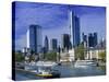 Barge on Water & Skyline, Frankfurt, Germany-Peter Adams-Stretched Canvas