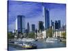 Barge on Water & Skyline, Frankfurt, Germany-Peter Adams-Stretched Canvas