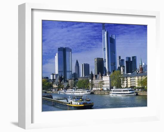 Barge on Water & Skyline, Frankfurt, Germany-Peter Adams-Framed Premium Photographic Print