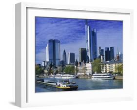 Barge on Water & Skyline, Frankfurt, Germany-Peter Adams-Framed Premium Photographic Print