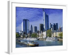 Barge on Water & Skyline, Frankfurt, Germany-Peter Adams-Framed Photographic Print