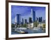 Barge on Water & Skyline, Frankfurt, Germany-Peter Adams-Framed Photographic Print