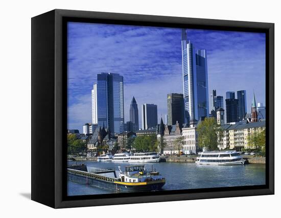Barge on Water & Skyline, Frankfurt, Germany-Peter Adams-Framed Stretched Canvas