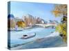 Barge Sailing Down the River Seine in Paris-Anne Durham-Stretched Canvas