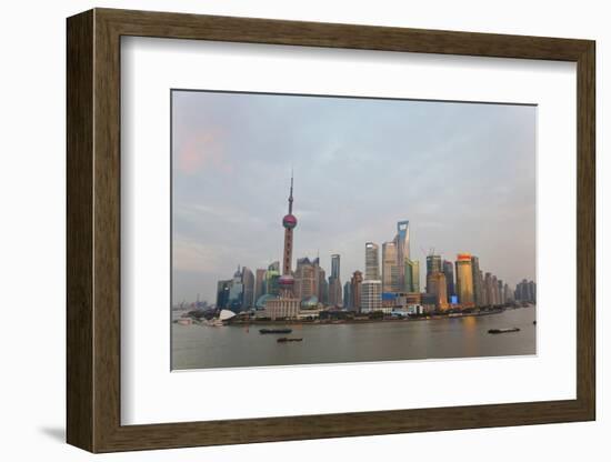 Barges and Pudong Skyline, Sunset, Shanghai, China-Peter Adams-Framed Photographic Print