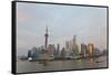 Barges and Pudong Skyline, Sunset, Shanghai, China-Peter Adams-Framed Stretched Canvas