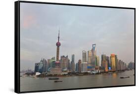 Barges and Pudong Skyline, Sunset, Shanghai, China-Peter Adams-Framed Stretched Canvas