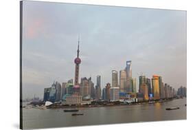 Barges and Pudong Skyline, Sunset, Shanghai, China-Peter Adams-Stretched Canvas