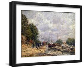 Barges at Billancourt, 1877-Alfred Sisley-Framed Giclee Print