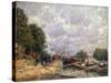 Barges at Billancourt, 1877-Alfred Sisley-Stretched Canvas