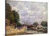 Barges at Billancourt, 1877-Alfred Sisley-Stretched Canvas