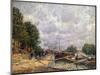 Barges at Billancourt, 1877-Alfred Sisley-Mounted Giclee Print