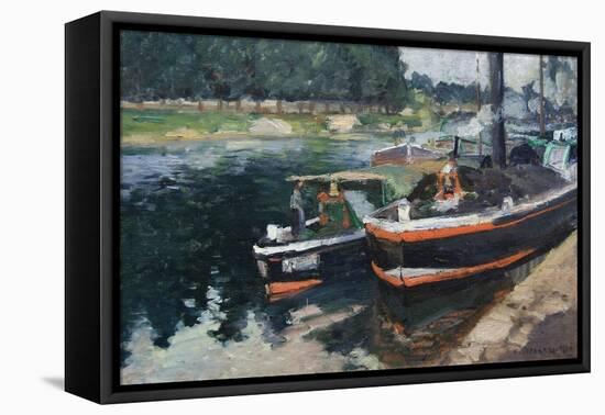 Barges at Pontoise-Camille Pissarro-Framed Stretched Canvas