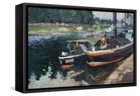 Barges at Pontoise-Camille Pissarro-Framed Stretched Canvas