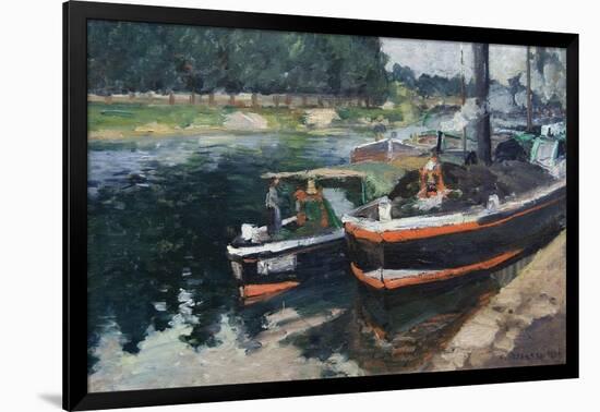 Barges at Pontoise-Camille Pissarro-Framed Art Print