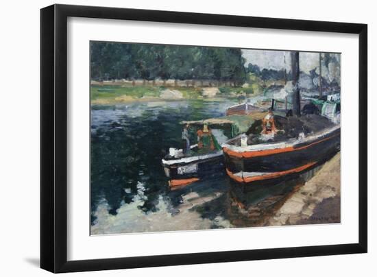 Barges at Pontoise-Camille Pissarro-Framed Art Print