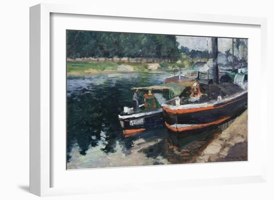 Barges at Pontoise-Camille Pissarro-Framed Art Print