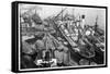 Barges Cranes and Tramp Steamers at the London Docks-null-Framed Stretched Canvas