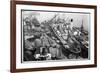 Barges Cranes and Tramp Steamers at the London Docks-null-Framed Art Print