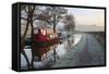 Barges on Monmouthshire and Brecon Canal in Frost-Stuart Black-Framed Stretched Canvas