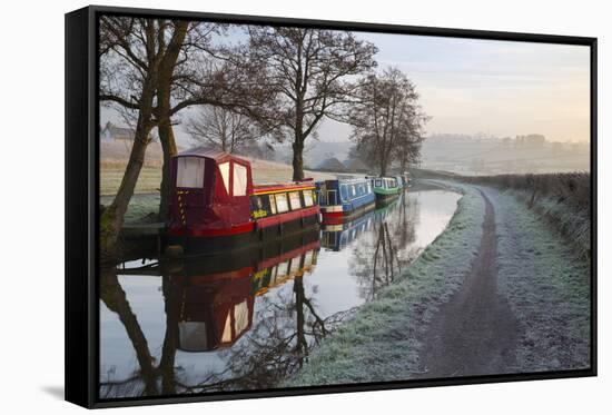 Barges on Monmouthshire and Brecon Canal in Frost-Stuart Black-Framed Stretched Canvas