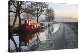 Barges on Monmouthshire and Brecon Canal in Frost-Stuart Black-Stretched Canvas