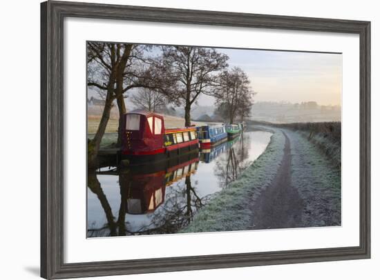 Barges on Monmouthshire and Brecon Canal in Frost-Stuart Black-Framed Photographic Print