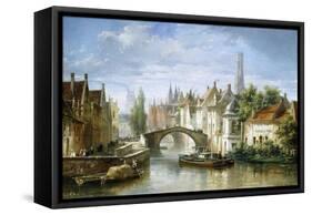 Barges on the Canal in Bruges-Pierre Justin Ouvrie-Framed Stretched Canvas