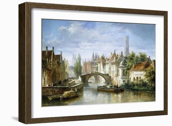 Barges on the Canal in Bruges-Pierre Justin Ouvrie-Framed Giclee Print