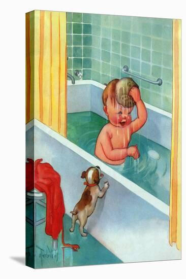 Barking Puppy Sponge Bath-Mildred Plew Merryman-Stretched Canvas
