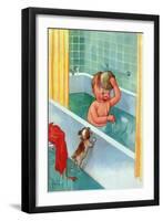 Barking Puppy Sponge Bath-Mildred Plew Merryman-Framed Art Print