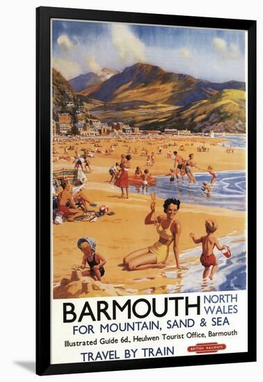 Barmouth, England - Beach Scene Mother and Kids British Rail Poster-Lantern Press-Framed Art Print