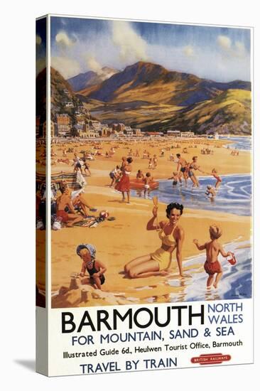 Barmouth, England - Beach Scene Mother and Kids British Rail Poster-Lantern Press-Stretched Canvas