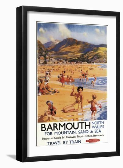 Barmouth, England - Beach Scene Mother and Kids British Rail Poster-Lantern Press-Framed Art Print