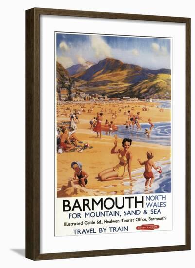 Barmouth, England - Beach Scene Mother and Kids British Rail Poster-Lantern Press-Framed Art Print